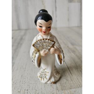 Lefton vintage geisha lady fan statue figurine rhinestone Japanese